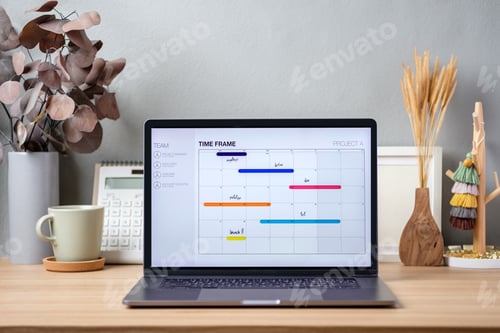 Preview: timetable project on screen laptop on working desk decor with stationery at home