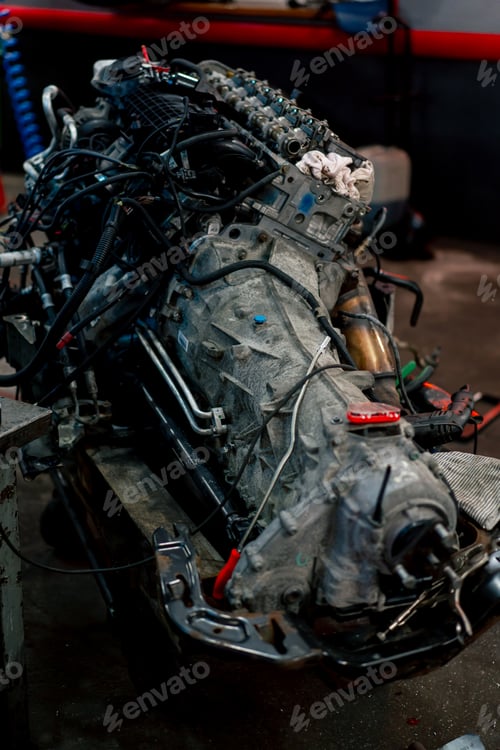 Preview: at a service station open car hood interior without engine repair part