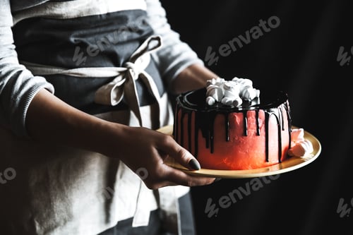 Preview: Woman holding cake with marshmallow on black background