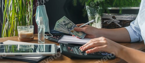 Preview: Home budget financial planning in crisis. Woman quarantined and working, planning home budget