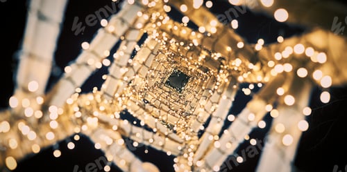 Preview: Yellow Christmas garlands on decorative tower bottom view, street city decor with xmas yellow bulbs