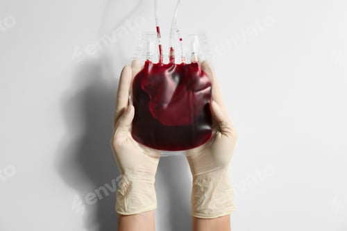 Preview: Woman holding blood for transfusion on light background, closeup. Donation concept
