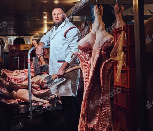 Preview: A butcher in a meat factory.