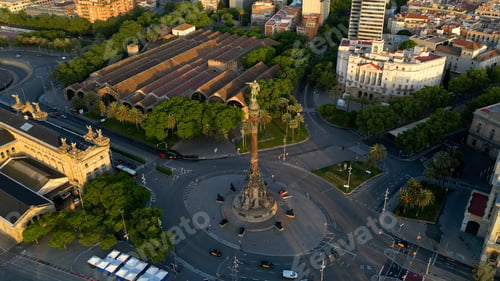 Preview: Aerial view of Columbus monument at sunrise in Barcelona, Catalonia, Spain