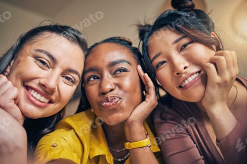 Preview: Selfie, friends and women happy, relax and bond in a living room at home together on the weekend. P