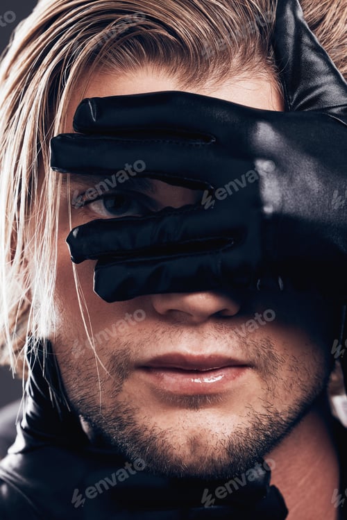 Preview: Fashion, leather gloves and portrait of a model in a studio with edgy, punk and trendy style. Non b