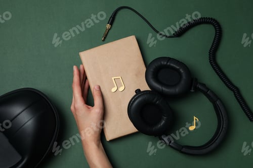 Preview: Headphones, case, book and female hand on dark green background, top view