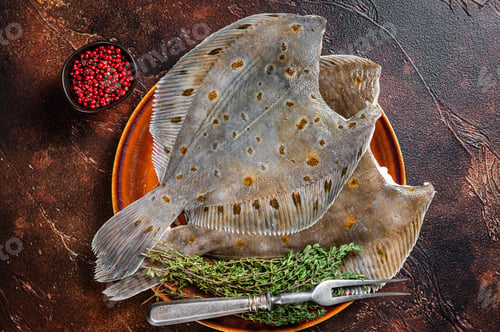 Preview: Raw flounder or plaice on rustic plate with herbs. Dark background. Top view