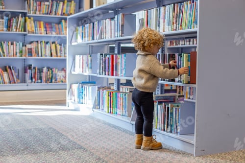 Preview: Curly-haired toddler in leggings and boots selecting a book from a low shelf in a library