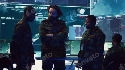 Preview: Brigadier general and his staff studying radar data on a holographic image