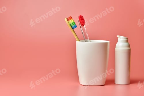 Preview: Two toothbrush, copy space. Protect oral cavity and personal care tools for bathroom.