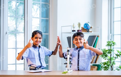 Preview: Uniformed Indian students examine plant samples under microscope and take notes in science class