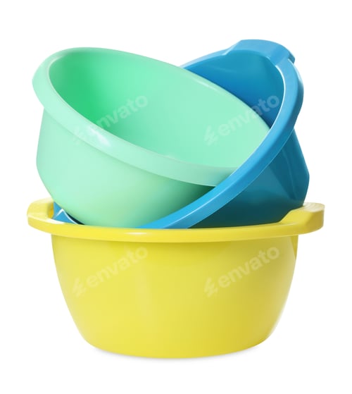 Preview: Three colorful plastic basins isolated on white