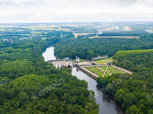 Preview: Aerial view over Chenonceau castle, Loire valley, France, Sologne