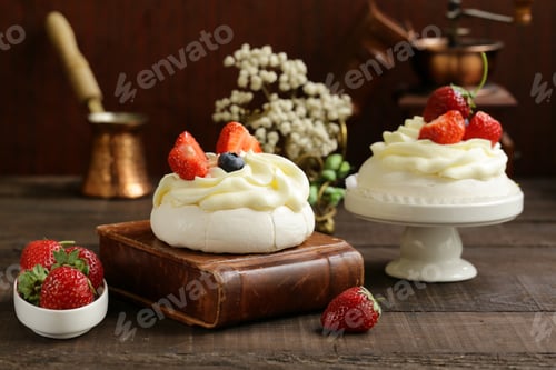 Delicious Pavlova Desserts Topped with Fresh Strawberries