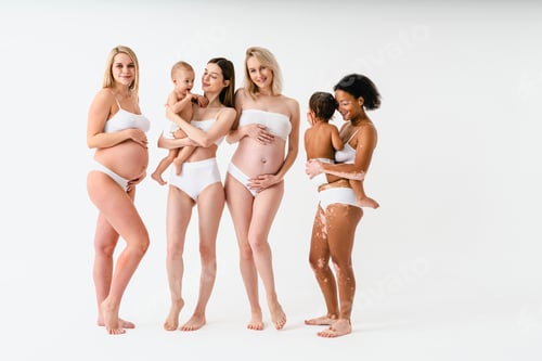 Preview: Beauty shot of beautiful pregnant women and mothers holding babies, motherhood and pregnancy concept