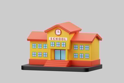 Visualização: Prédio escolar com detalhes em vermelho.