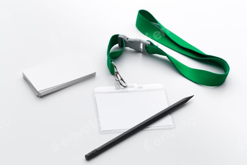 Preview: Blank bagde mockup isolated on white background. Nametag with ribbon