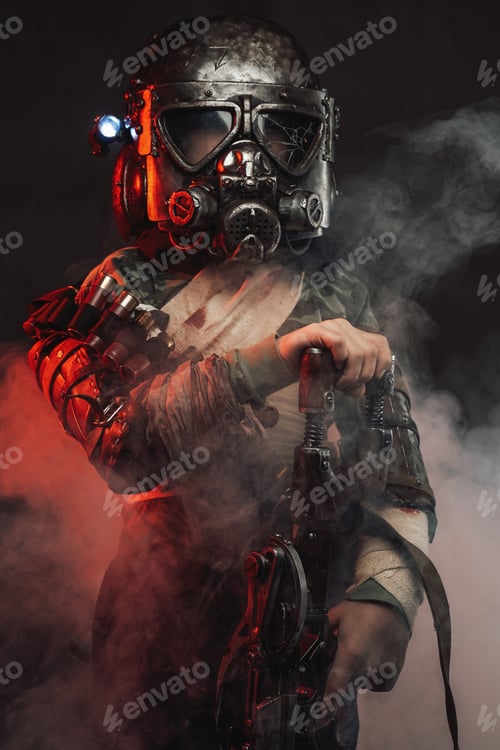 Preview: Little survivor with gas mask and gun in smokey background