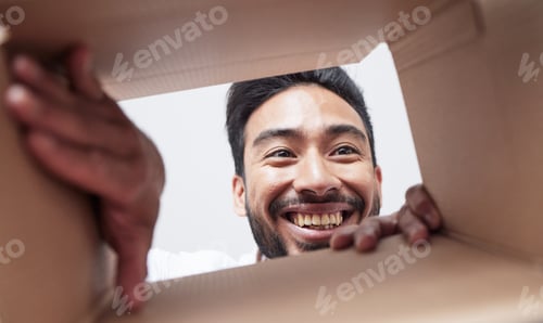 Preview: Open, delivery or happy man with box, gift or package with smile for courier service or ecommerce.