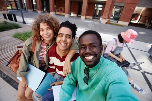 Preview: POV of young students taking selfie photo together and smiling at camera happily