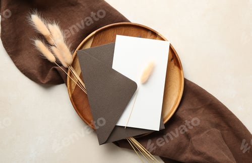 Preview: Blank invitation card, envelope, wooden tray, cloth and dry spikes on beige background, flat lay