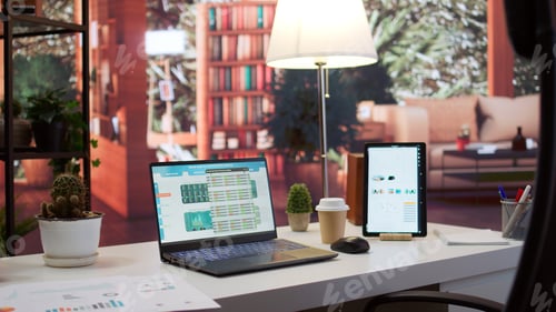 Preview: Empty business entrepreneur office setup at home with personal computer