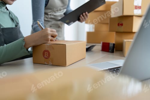 Preview: startup girl Small SME business owners work with laptop computers at work. with parcel paper boxes