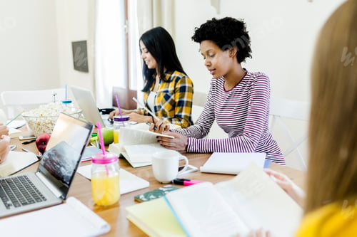 Preview: Group of female students working together at table at home