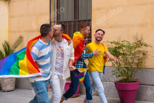 Preview: Lgbt concept, gay men friends having fun at gay pride party, diversity of young people in the city