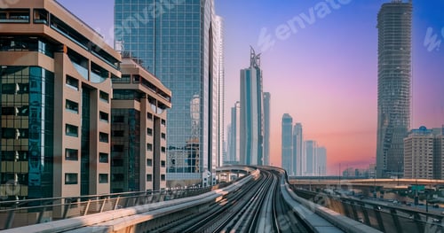 Preview: Dubai, UAE, United Arab Emirates POV Subway train ride among modern skyscrapers in Dubai. Traffic On