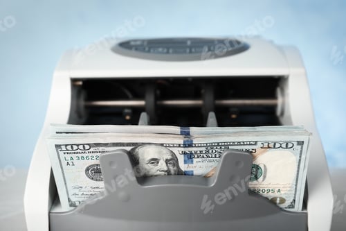 Preview: Modern bill counter with money, closeup view