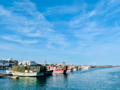 Preview: Canal de Tavira . Small boat cruising tranquil green river.