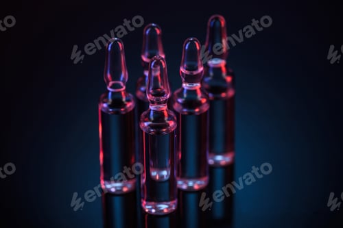 Preview: five transparent glass ampoules with substance on table
