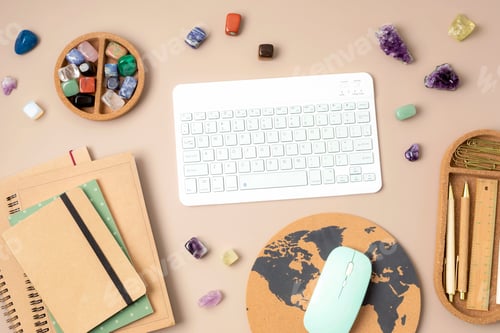 Preview: Healing chakra crystals and computer keyboard. Online application for rituals with gemstones