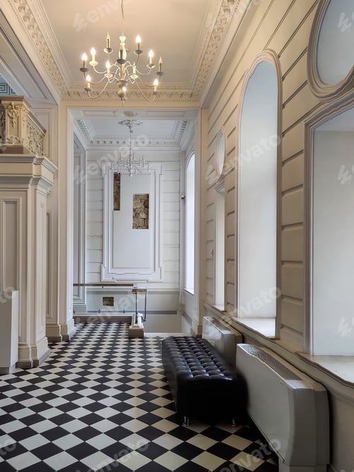 Preview: Exquisite interior design in classic corridor style in an old building. Copy space