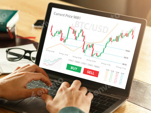 Preview: Unrecognizable man analysing market online on laptop, office interior