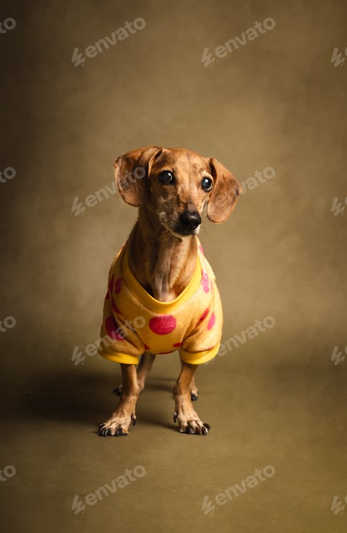 Preview: Small dog wearing a bright yellow shirt with pink polka dots stands on a textured surface