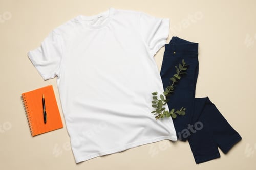 Preview: Flat lay of white t shirt, notebook and denim trousers with copy space on cream background