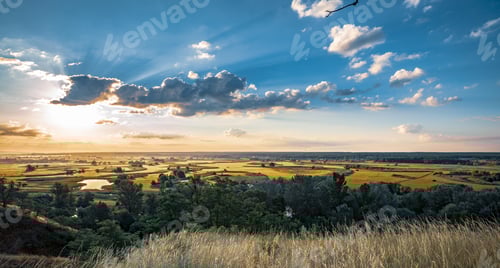 Preview: Panoramic landscape of nature from hill, sunset