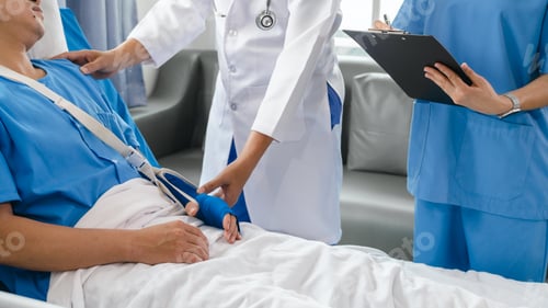 Preview: The medical team visits the car accident patients who are lying on the nursing bed and arm cast