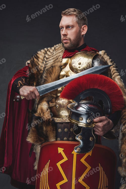 Preview: Roman legionnaire in bronze armor with gladius
