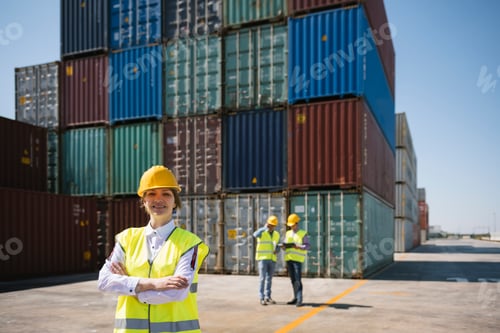 Preview: Portrait of confident female worker in front of colleagues and cargo containers on industrial site