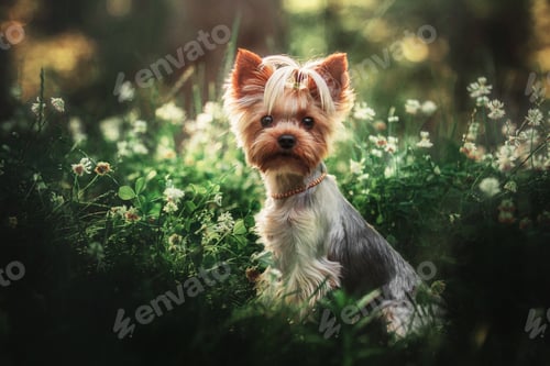 Preview: Yorkshire terrier dog close up portrait. Miniature dog sitting in the garden. Cute little pet
