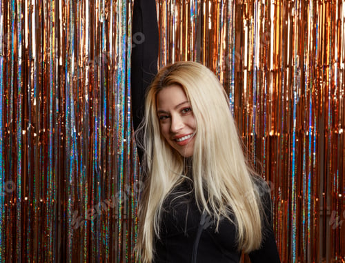 Preview: Cute lady stand on colorful background and raising her hand