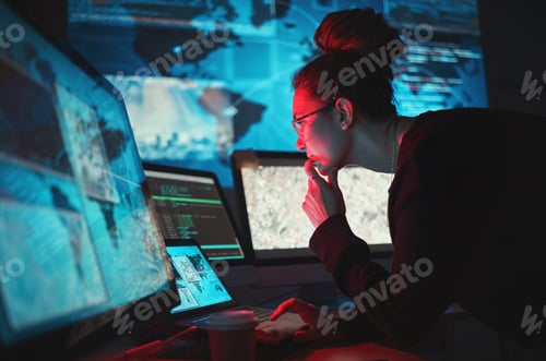 Preview: Cybersecurity, woman and computer with global network for phishing, ransomware and cyber search. Ma