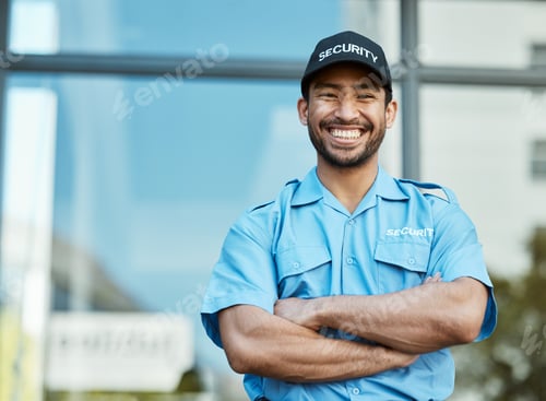 Preview: Happy man, portrait and security guard with arms crossed in city for career safety or outdoor prote