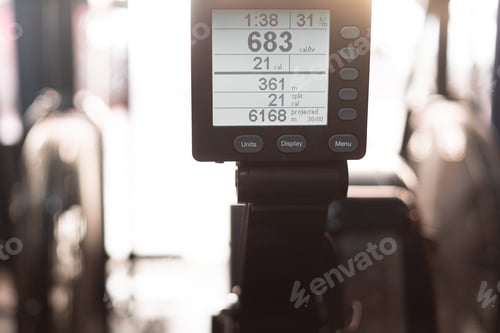 Preview: large digital screen of a sports machine with information about physical exercise