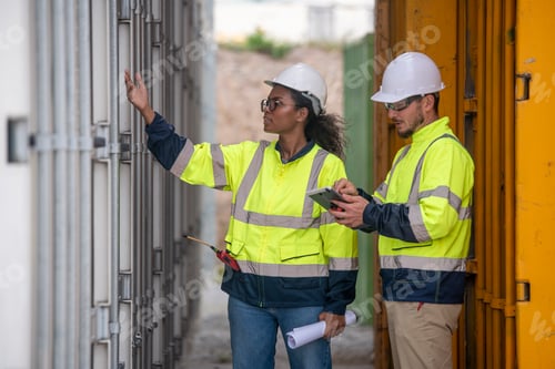 Preview: Engineers railway survey wearing safety uniform and helmet under conversation document on hand inspe