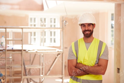 Preview: Portrait Of Smiling Male Builder Wearing Hard Hat Working In New Build Property